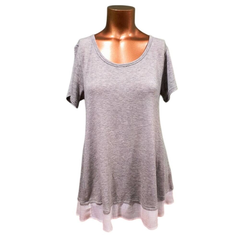 Bobeau Short Sleeve Layered Look Tunic with Scoop Neck, Gray & Cream, Sz S